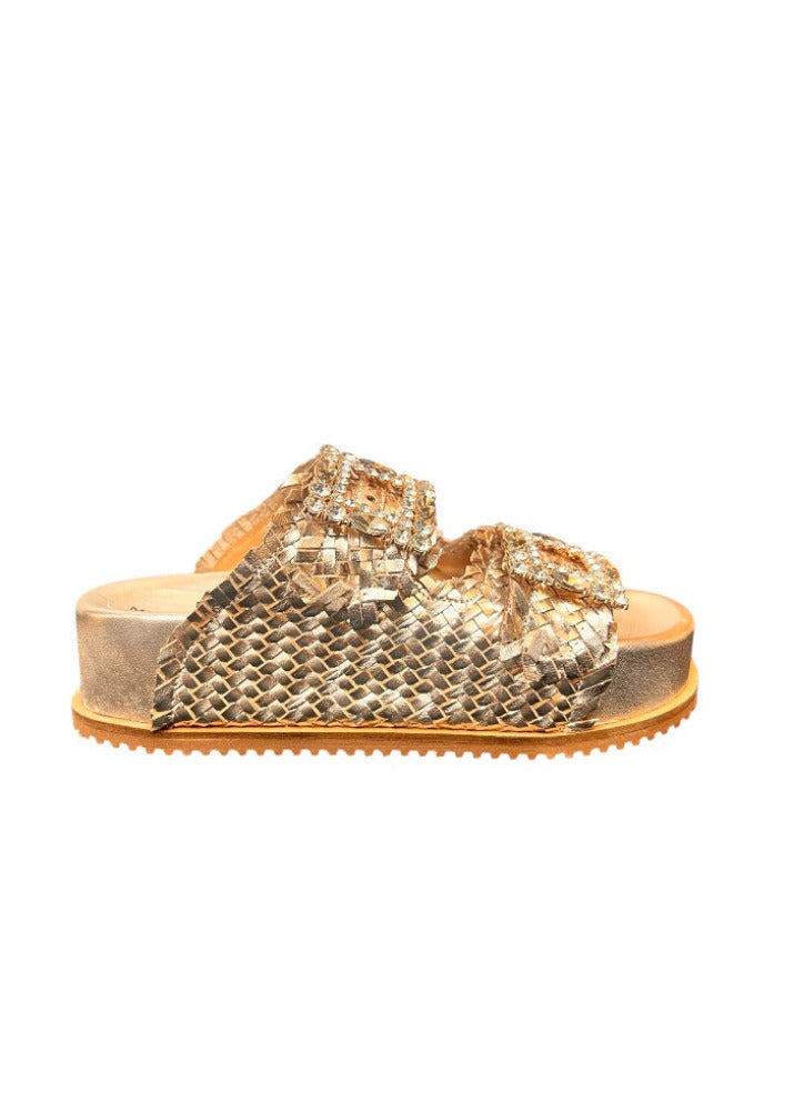 Leder Plateau Pantolette Metallic