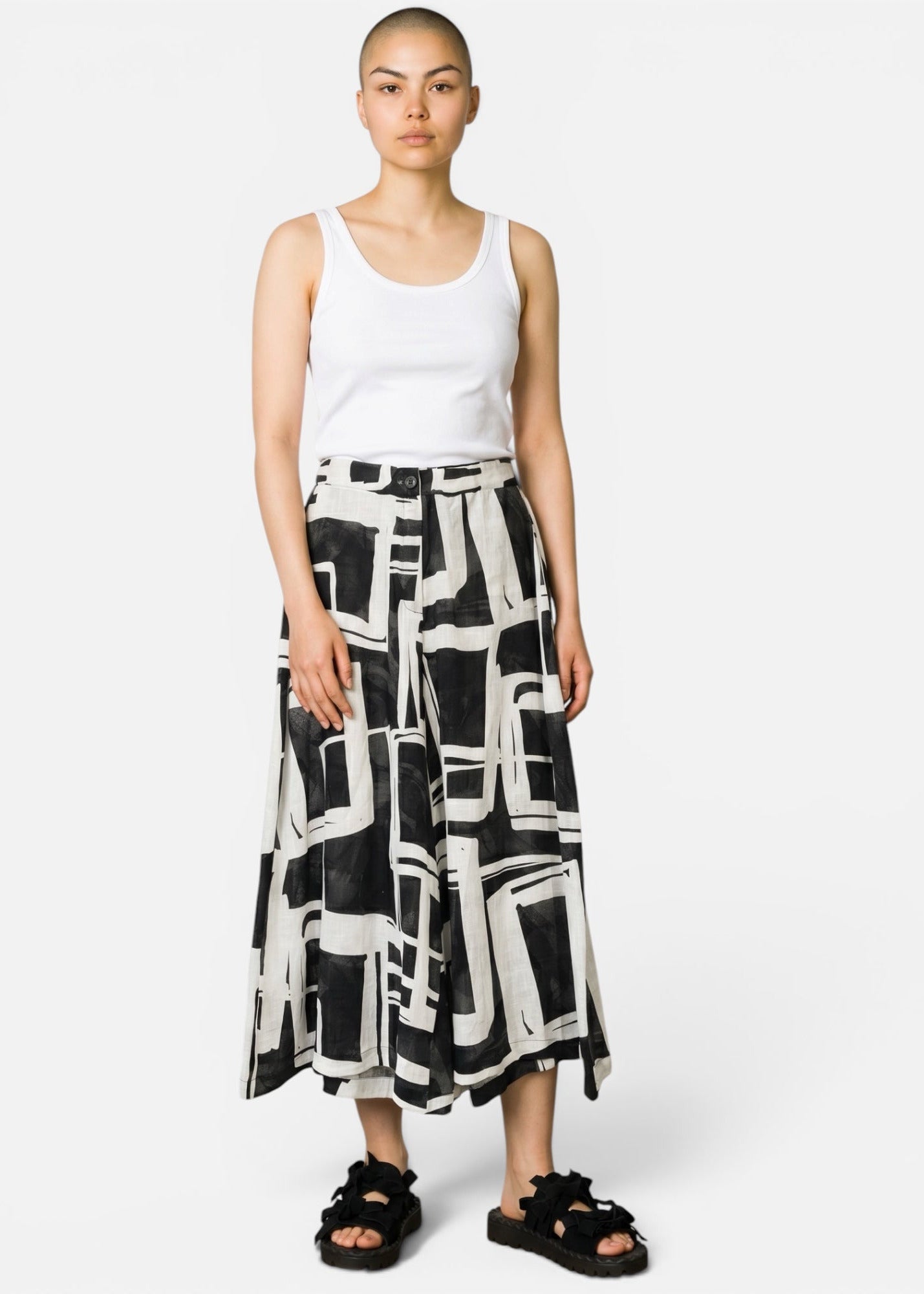 KAMUFLAGE - Culottes Hose 100% Leinen - Schwarz/Weiß Abstrakt